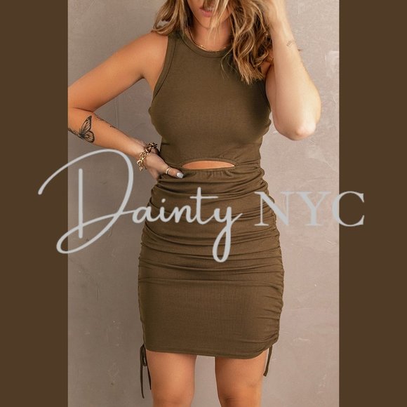 Ruched Drawstring Bodycon Mini Dress BROWN - Picture 5 of 9